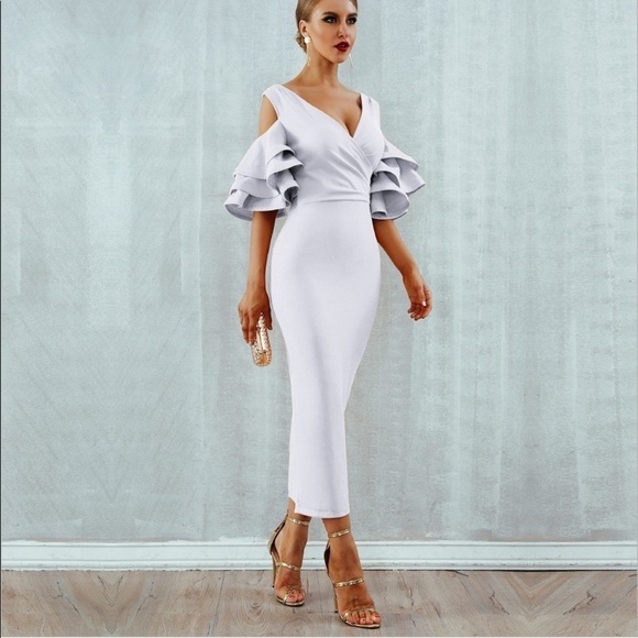 Bodycon Club Dress Sexy Deep V Neck Ruffles Butterfly Short Sleeve Midi size M - Picture 6 of 14